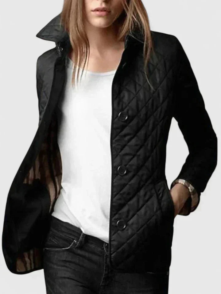 Women's button-front collared quilted jacket with plaid lining – Black