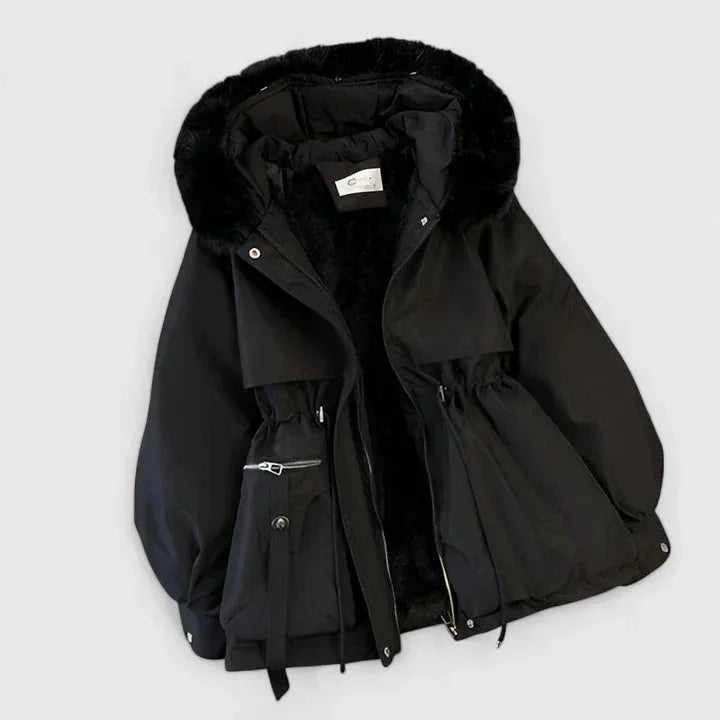 Women's zip-up faux fur hood parka with trim – Black