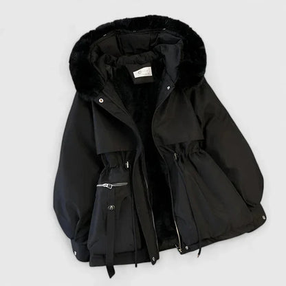Women's zip-up faux fur hood parka with trim – Black