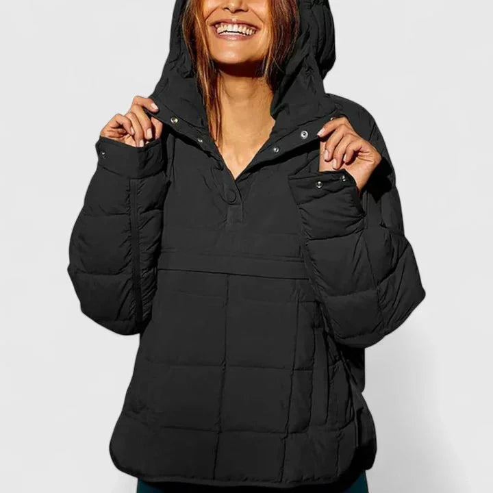 Women's quilted half-zip hood puffer jacket with placket – Black