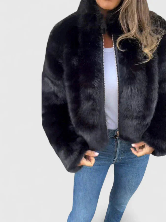 Women's faux fur zip-up stand collar jacket with long-pile texture – Black