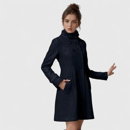 Women's double-breasted hood wool coat with pleated skirt – Black