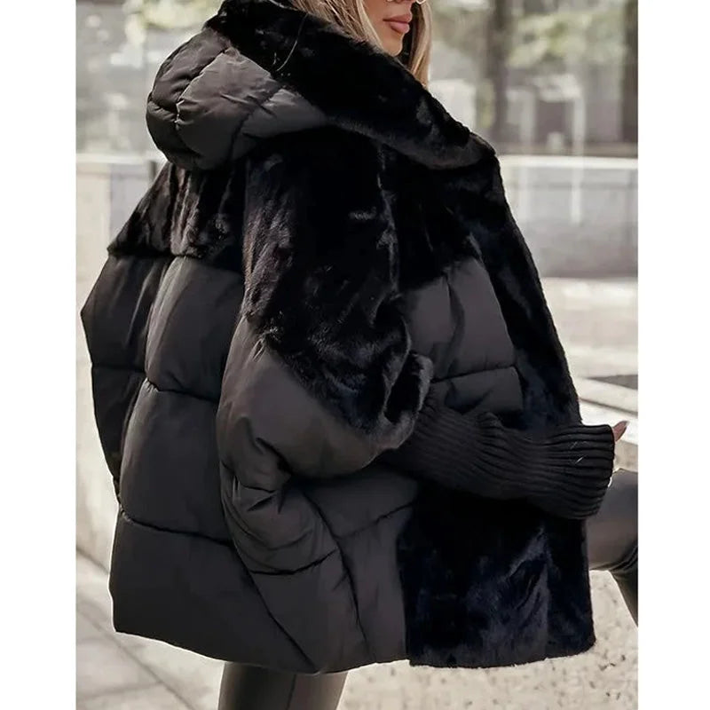 Women's quilted zip-up hood puffer jacket with faux fur panels – Black
