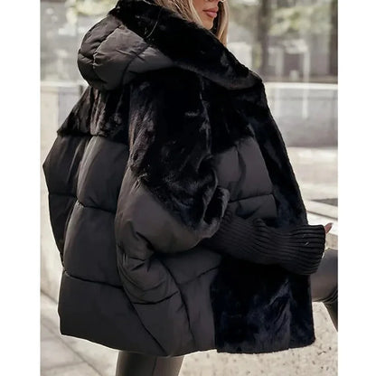 Women's quilted zip-up hood puffer jacket with faux fur panels – Black