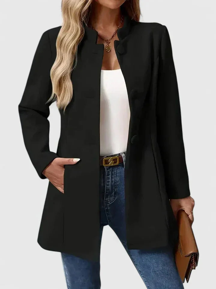 Women's button-front stand collar wool coat with side seam pockets – Black