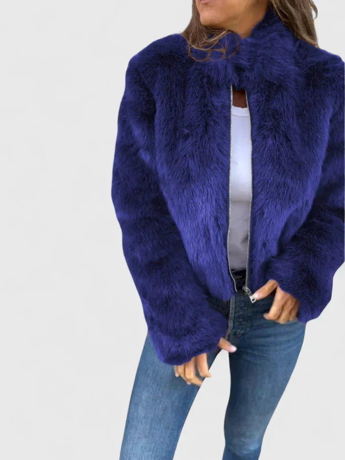 Women's faux fur zip-up stand collar jacket with long-pile texture – Blue