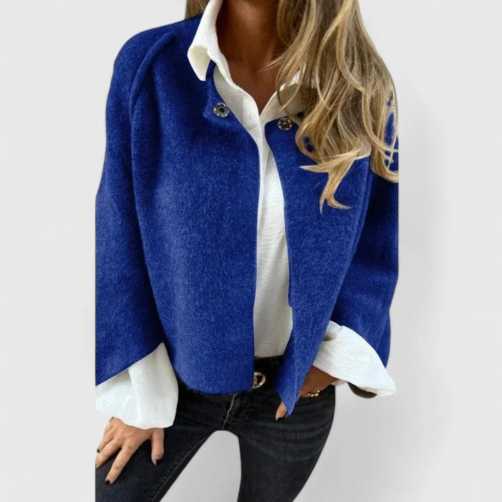 Women's wool button-front stand collar jacket with wide cuffs – Blue