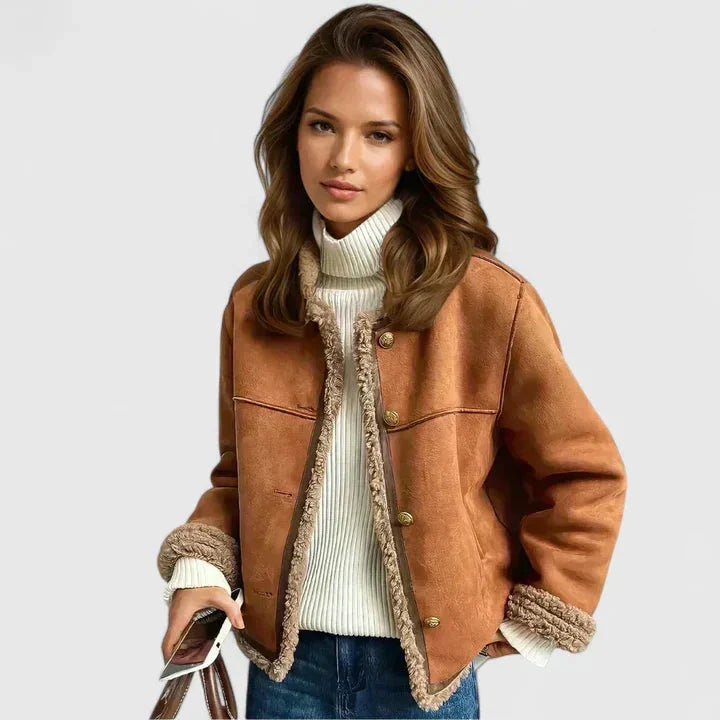 Women's suede button-front jacket with faux shearling trim – Brown