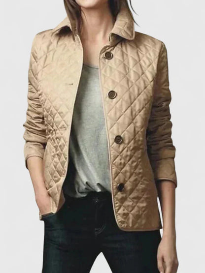 Women's button-front collared quilted jacket with plaid lining – Brown