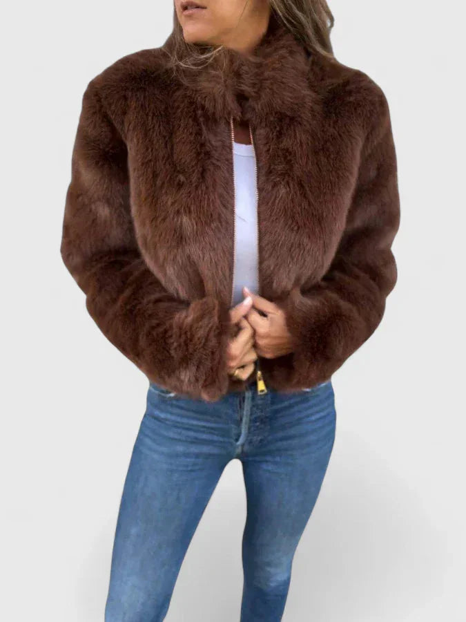 Women's faux fur zip-up stand collar jacket with long-pile texture – Brown