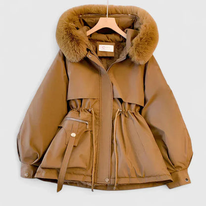 Women's zip-up faux fur hood parka with trim – Brown