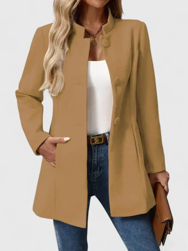 Women's button-front stand collar wool coat with side seam pockets – Camel