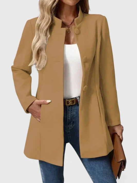 Women's button-front stand collar wool coat with side seam pockets – Camel