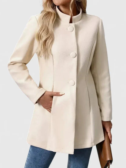 Women's button-front stand collar wool coat with side seam pockets – Cream