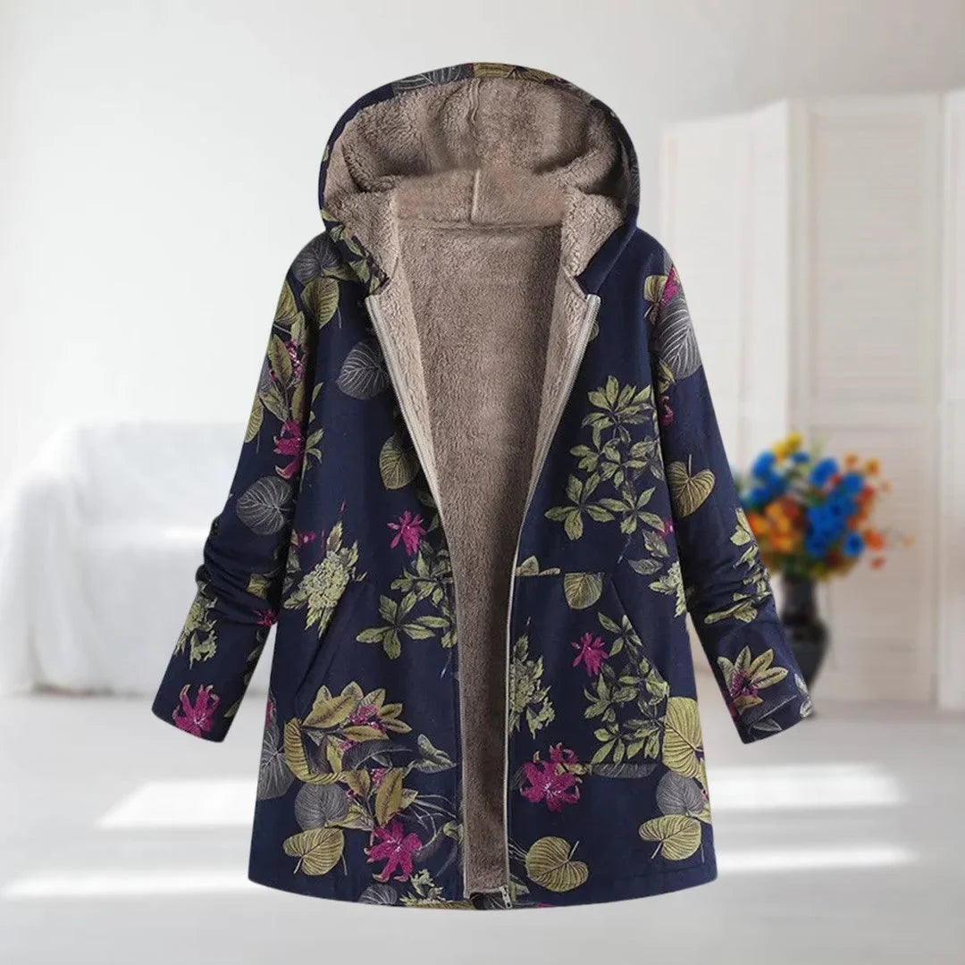 Women's floral zip-up hood jacket with reversible print – Dark Blue