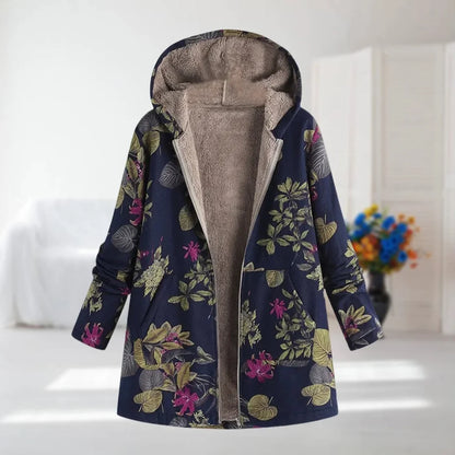Women's floral zip-up hood jacket with reversible print – Dark Blue