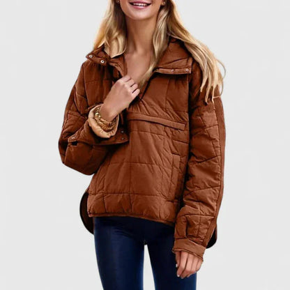 Women's quilted half-zip hood puffer jacket with placket – Dark Brown