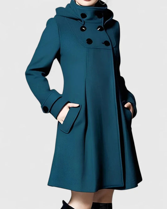 Women's double-breasted hood wool coat with pleated skirt – Dark Green