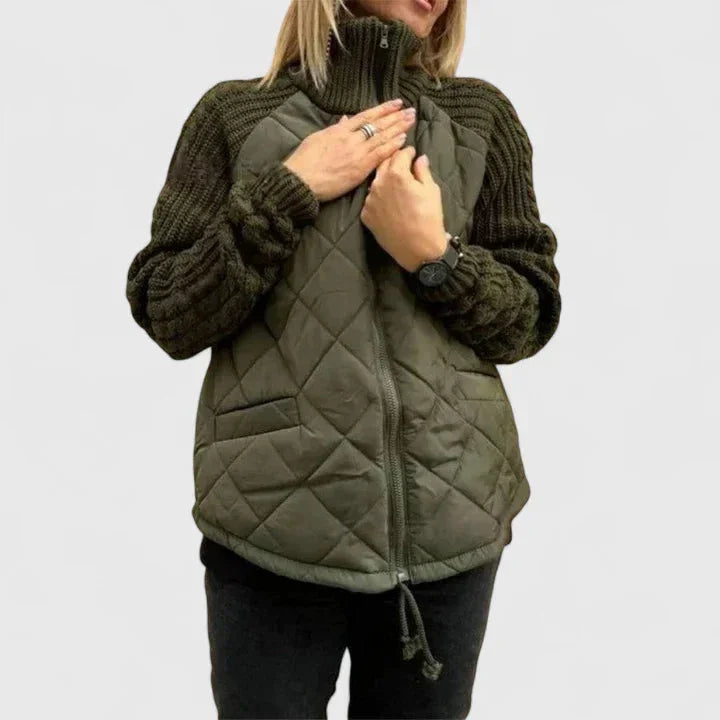 Women's zip-up stand collar quilted jacket with knit sleeves – Dark Green