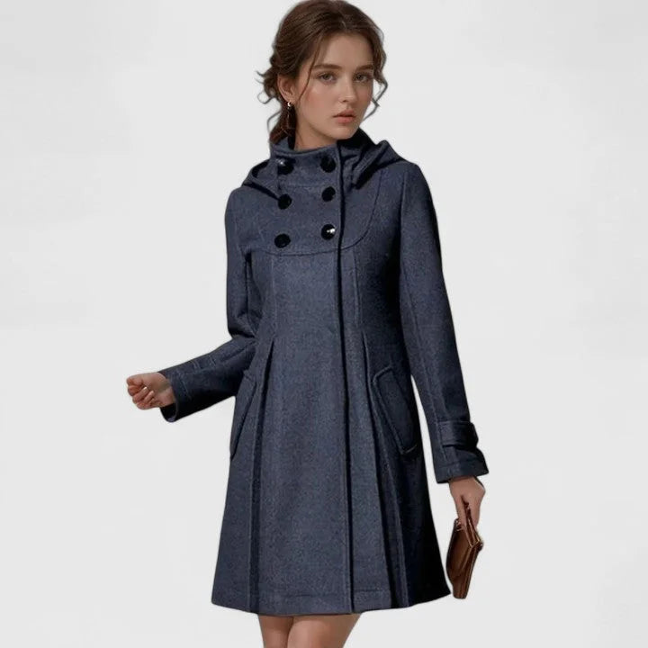 Women's double-breasted hood wool coat with pleated skirt – Dark Grey