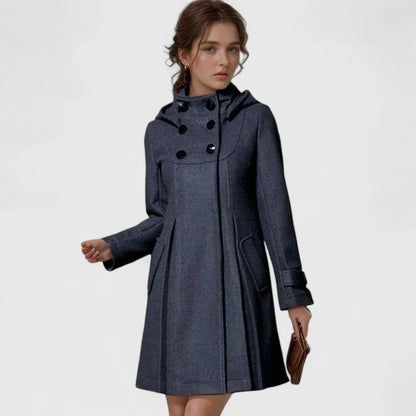 Women's double-breasted hood wool coat with pleated skirt – Dark Grey