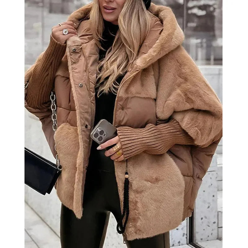 Women's quilted zip-up hood puffer jacket with faux fur panels – Dark Khaki