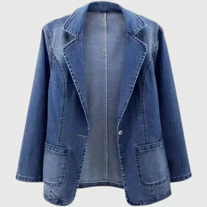 Women's denim button-front notch lapel blazer with patch pockets – Denim Blue