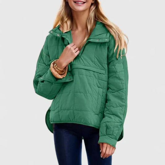 Women's quilted half-zip hood puffer jacket with placket – Green