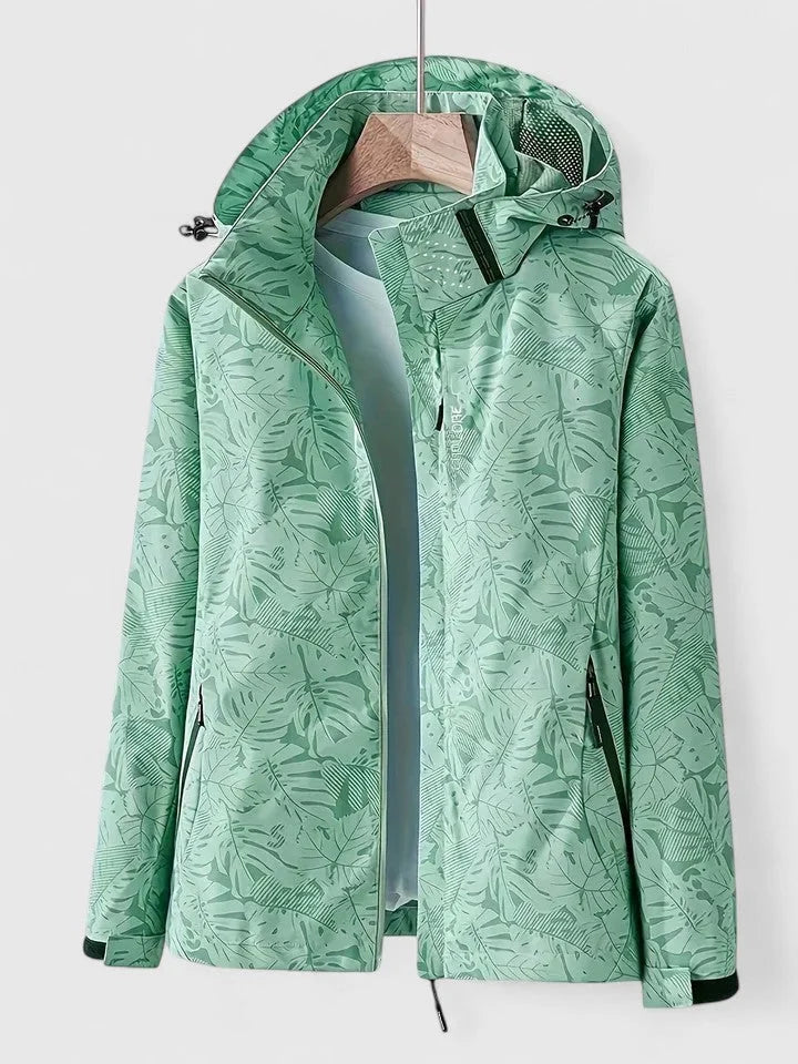 Women's zip-up hood jacket with leaf pattern – Green