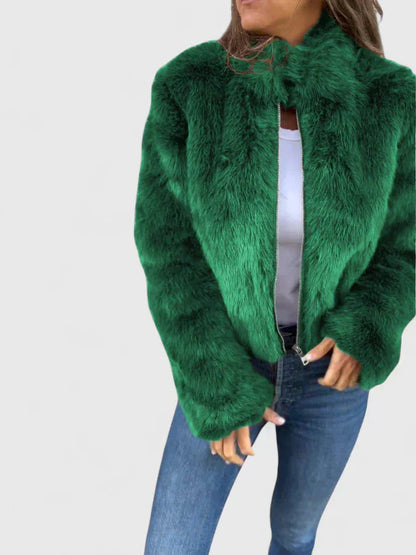 Women's faux fur zip-up stand collar jacket with long-pile texture – Green