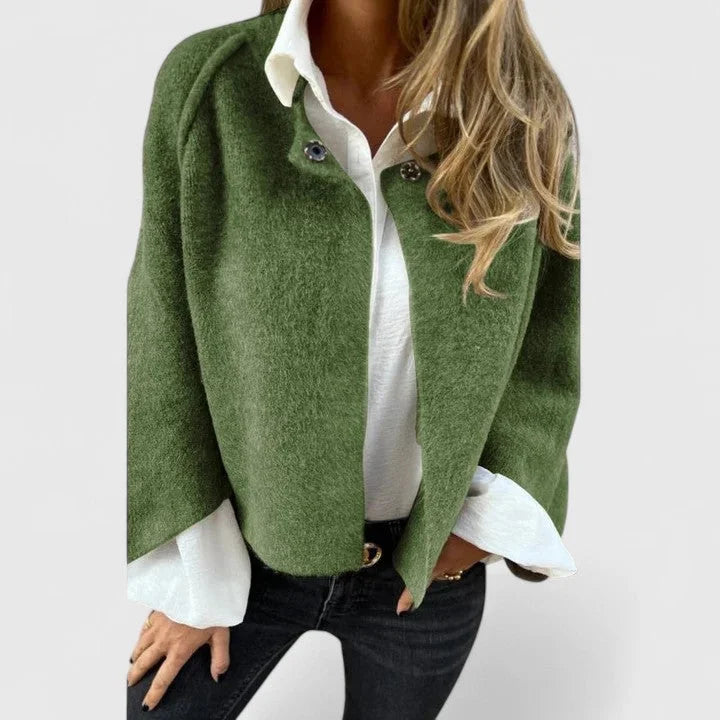 Women's wool button-front stand collar jacket with wide cuffs – Green