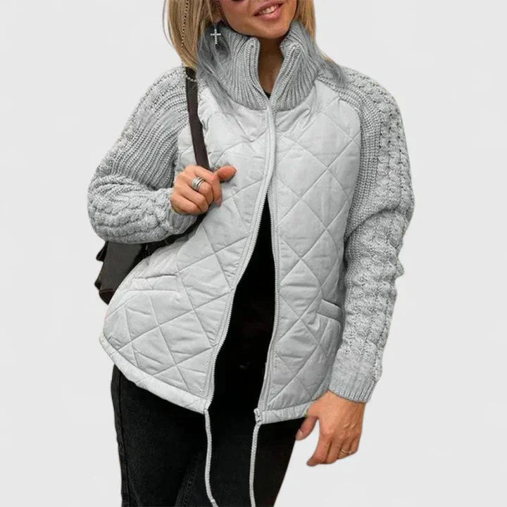 Women's zip-up stand collar quilted jacket with knit sleeves – Grey