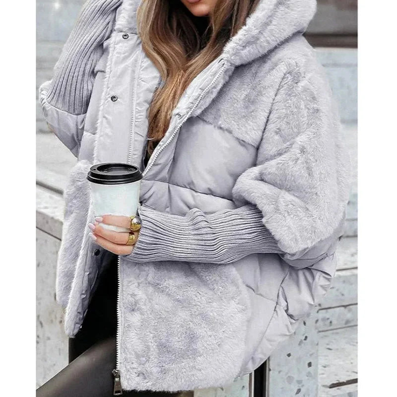 Women's quilted zip-up hood puffer jacket with faux fur panels – Grey