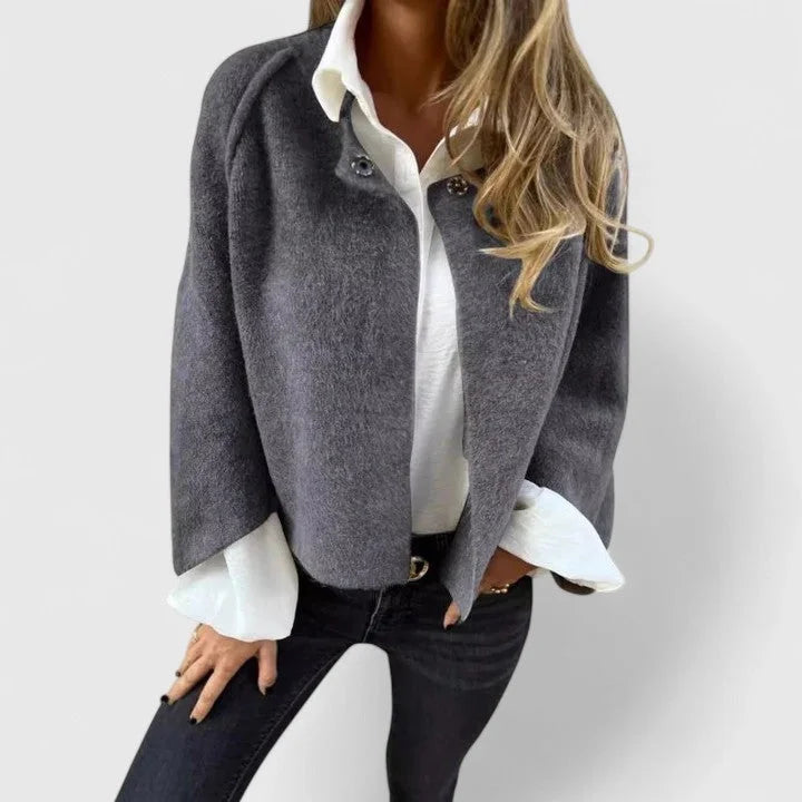 Women's wool button-front stand collar jacket with wide cuffs – Grey