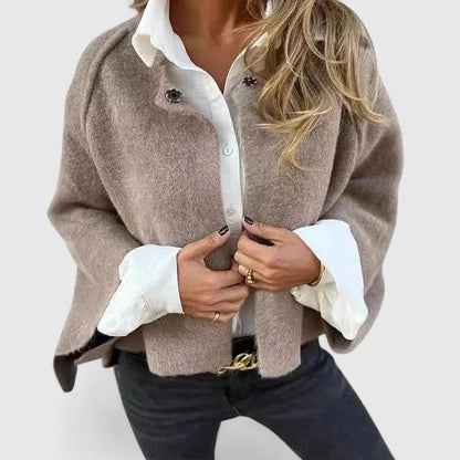 Women's wool button-front stand collar jacket with wide cuffs – Khaki