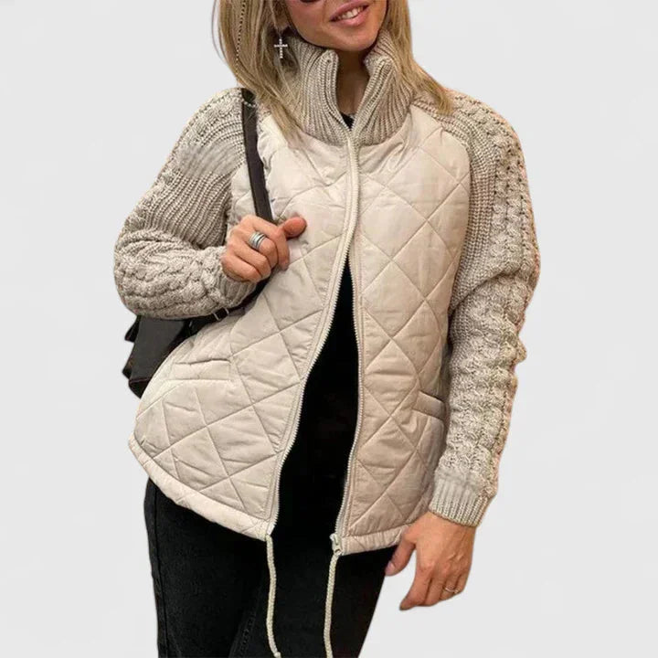 Women's zip-up stand collar quilted jacket with knit sleeves – Khaki