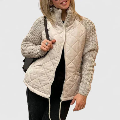 Women's zip-up stand collar quilted jacket with knit sleeves – Khaki