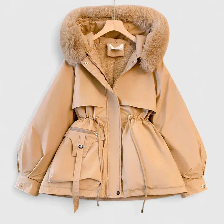 Women's zip-up faux fur hood parka with trim – Khaki