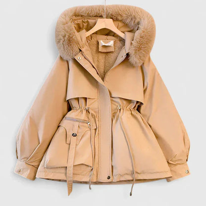 Women's zip-up faux fur hood parka with trim – Khaki