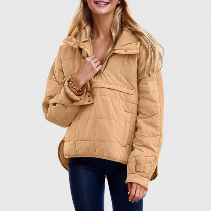 Women's quilted half-zip hood puffer jacket with placket – Light Brown