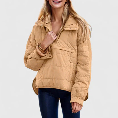 Women's quilted half-zip hood puffer jacket with placket – Light Brown