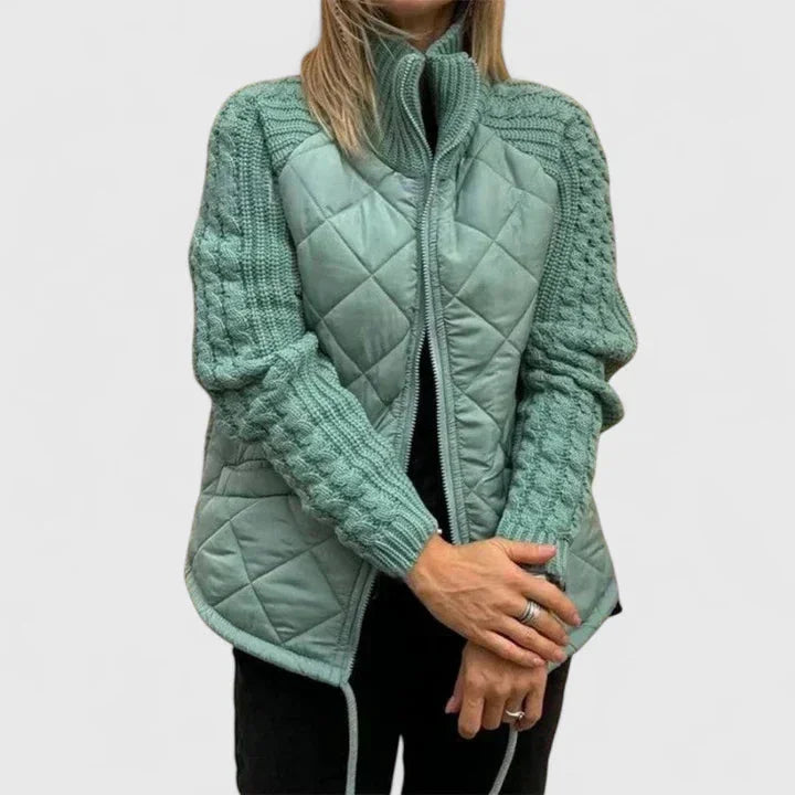 Women's zip-up stand collar quilted jacket with knit sleeves – Light Green