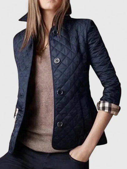 Women's button-front collared quilted jacket with plaid lining – Navy Blue