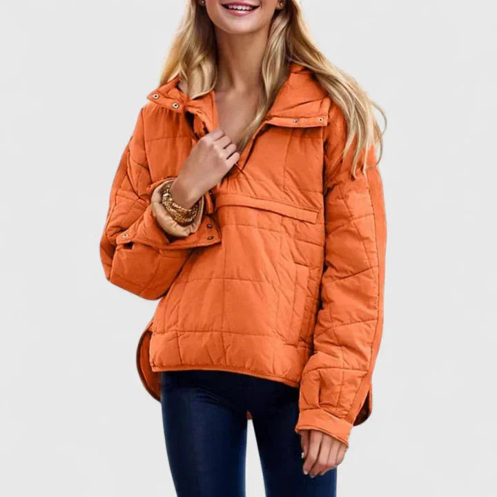 Women's quilted half-zip hood puffer jacket with placket – Orange
