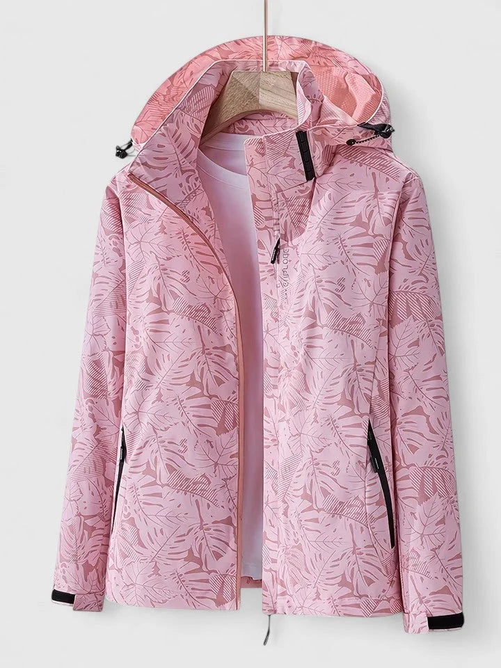 Women's zip-up hood jacket with leaf pattern – Pink
