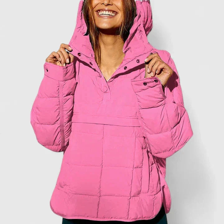 Women's quilted half-zip hood puffer jacket with placket – Pink