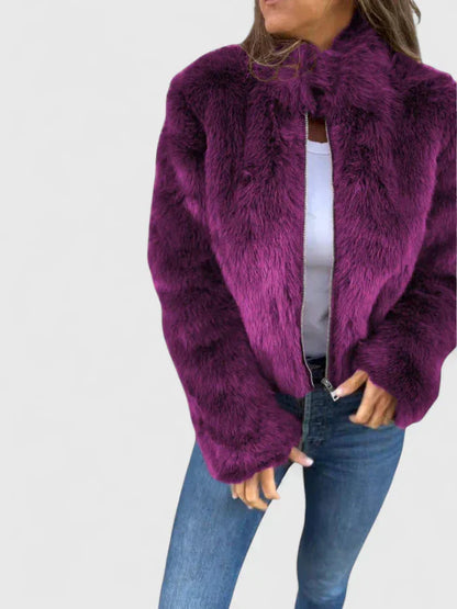 Women's faux fur zip-up stand collar jacket with long-pile texture