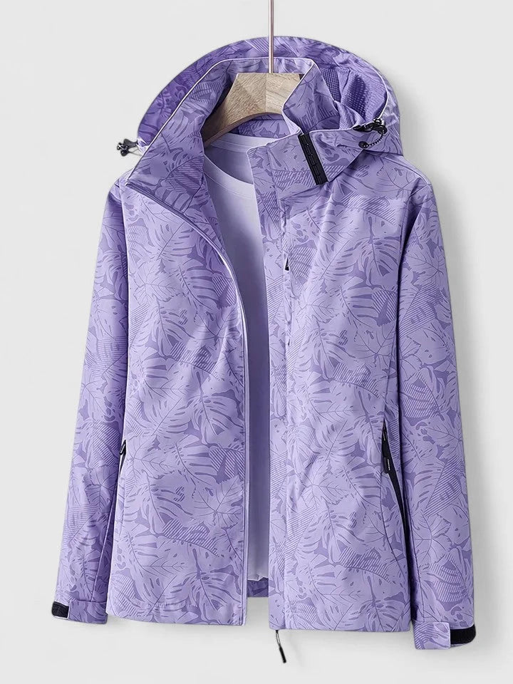 Women's zip-up hood jacket with leaf pattern – Purple