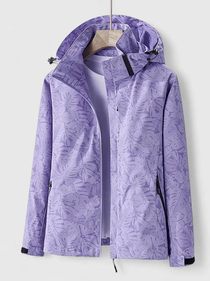 Women's zip-up hood jacket with leaf pattern – Purple