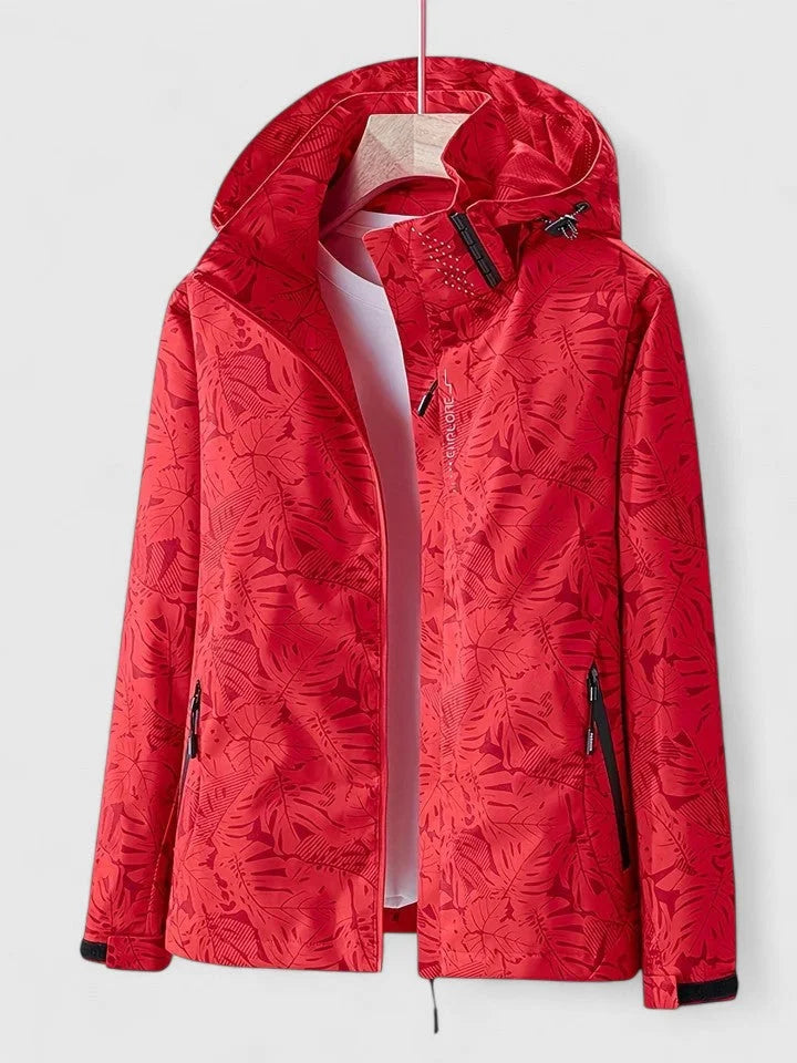 Women's zip-up hood jacket with leaf pattern – Red